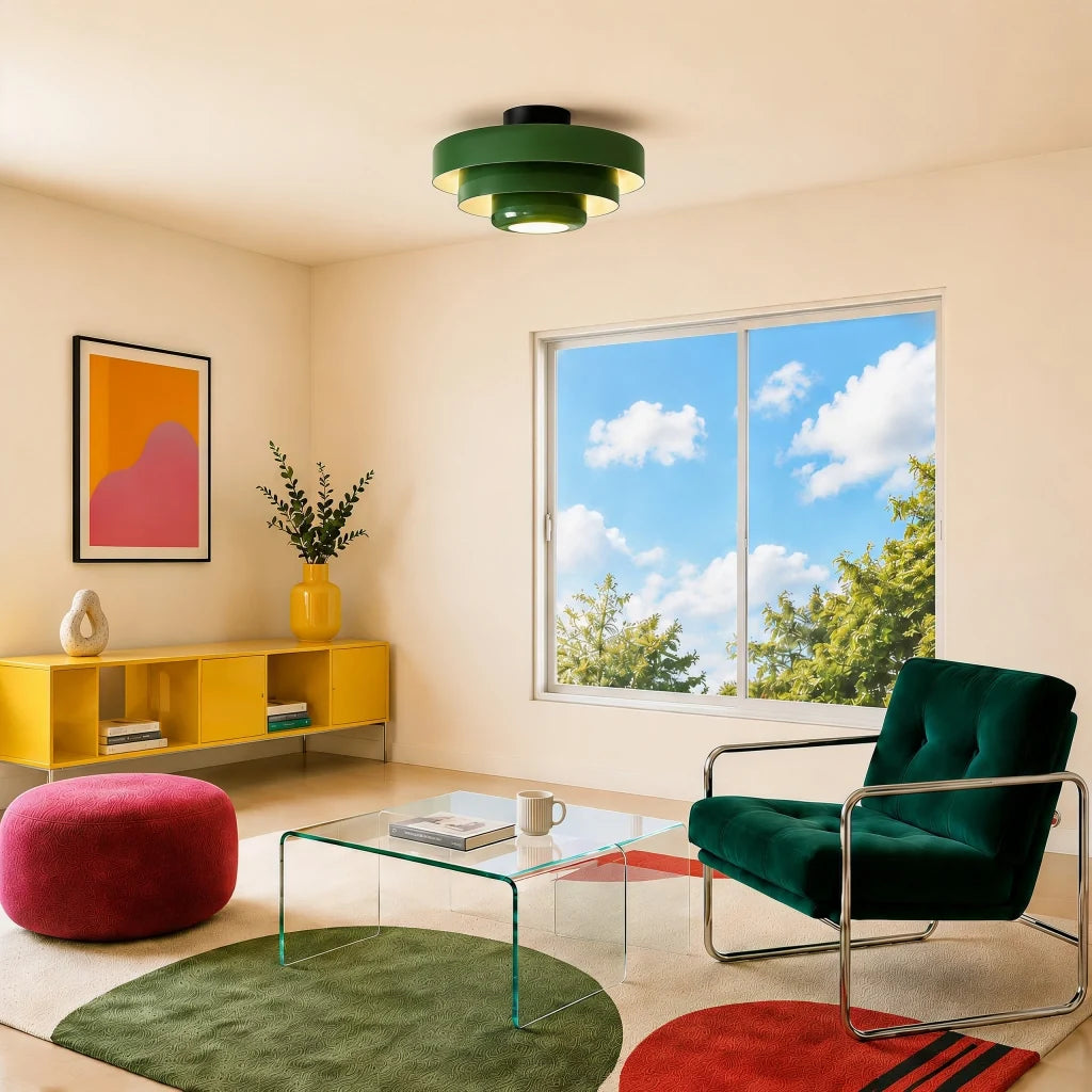 Green tiered ceiling light shown against a plain white background