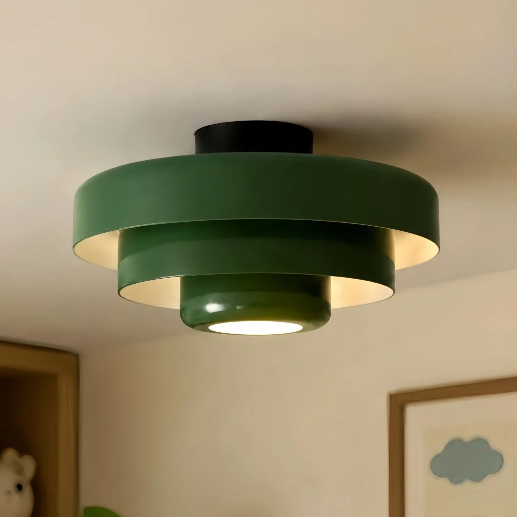Close view of the layered iron shades on the tiered ceiling light