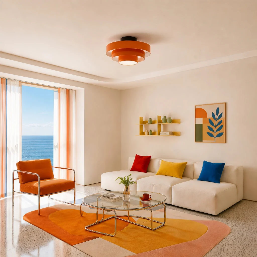 Underside of the ceiling light showing the glowing central drum diffuser