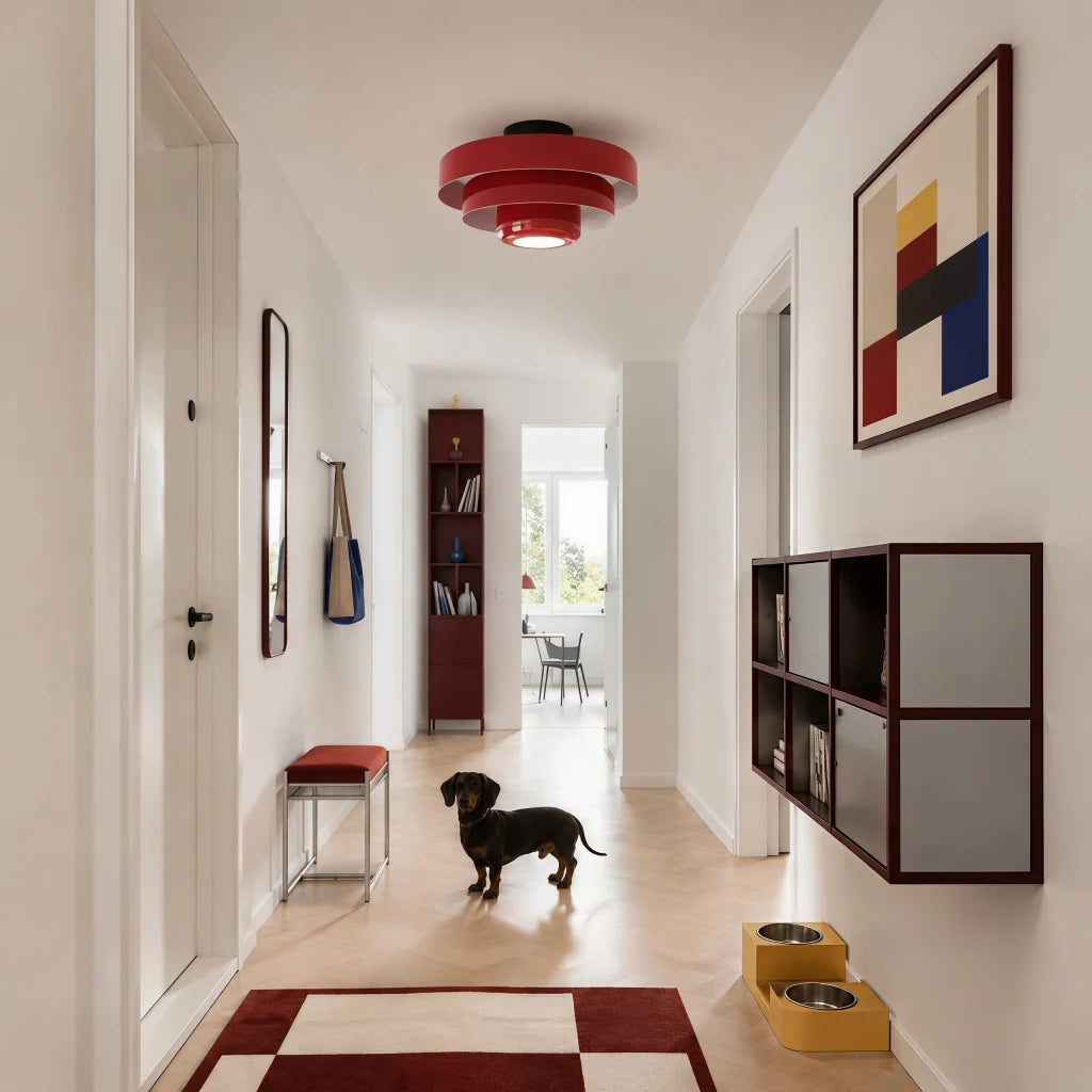 Yellow tiered ceiling light shown against a plain white background