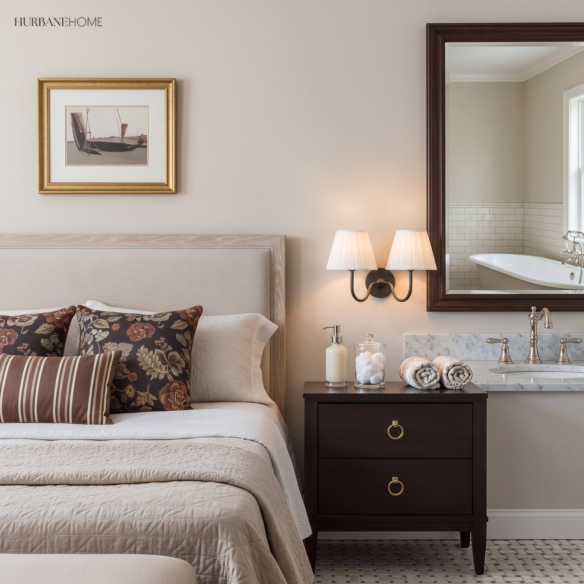 Two head pleated linen sconce above a bedside table in a bedroom