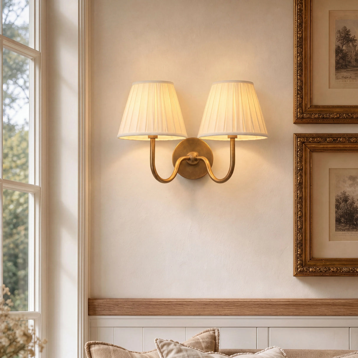 Traditional pleated linen shade wall sconce close detail view 2