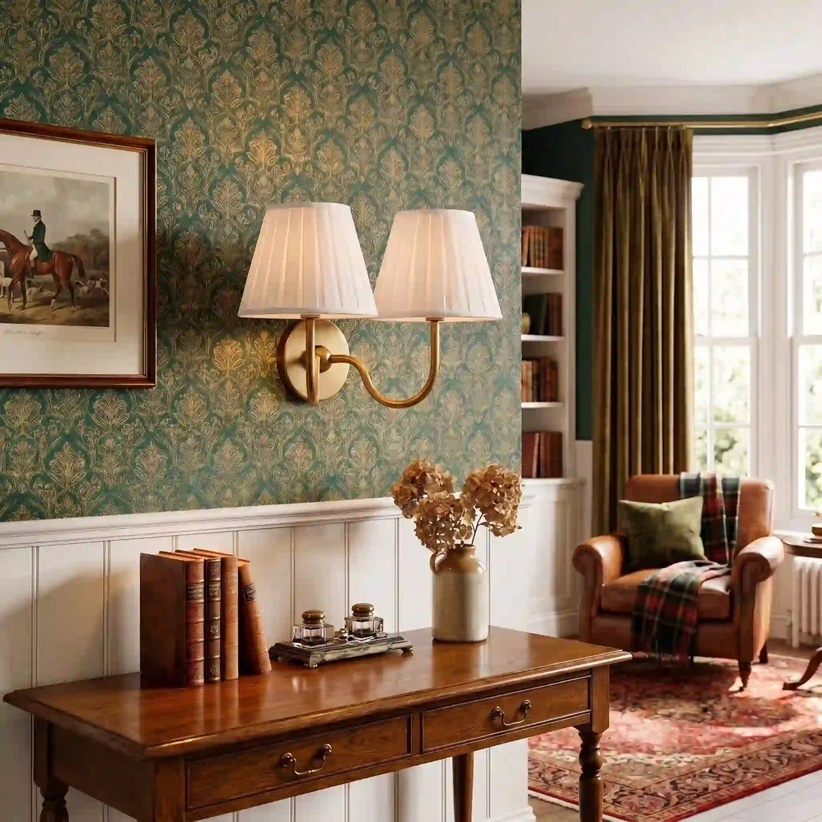 Traditional pleated linen shade wall sconce close detail view 20