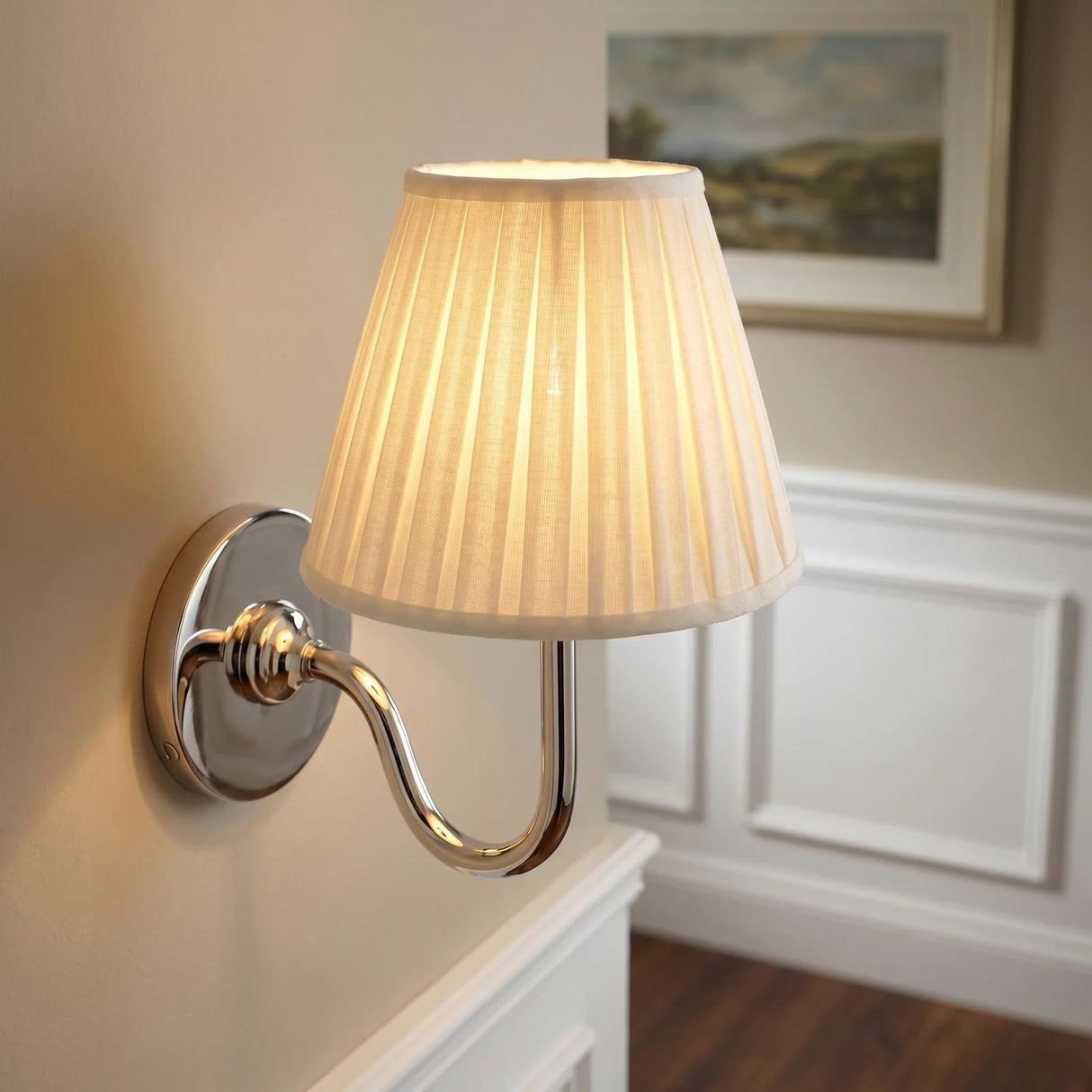 Traditional pleated linen shade wall sconce close detail view 26