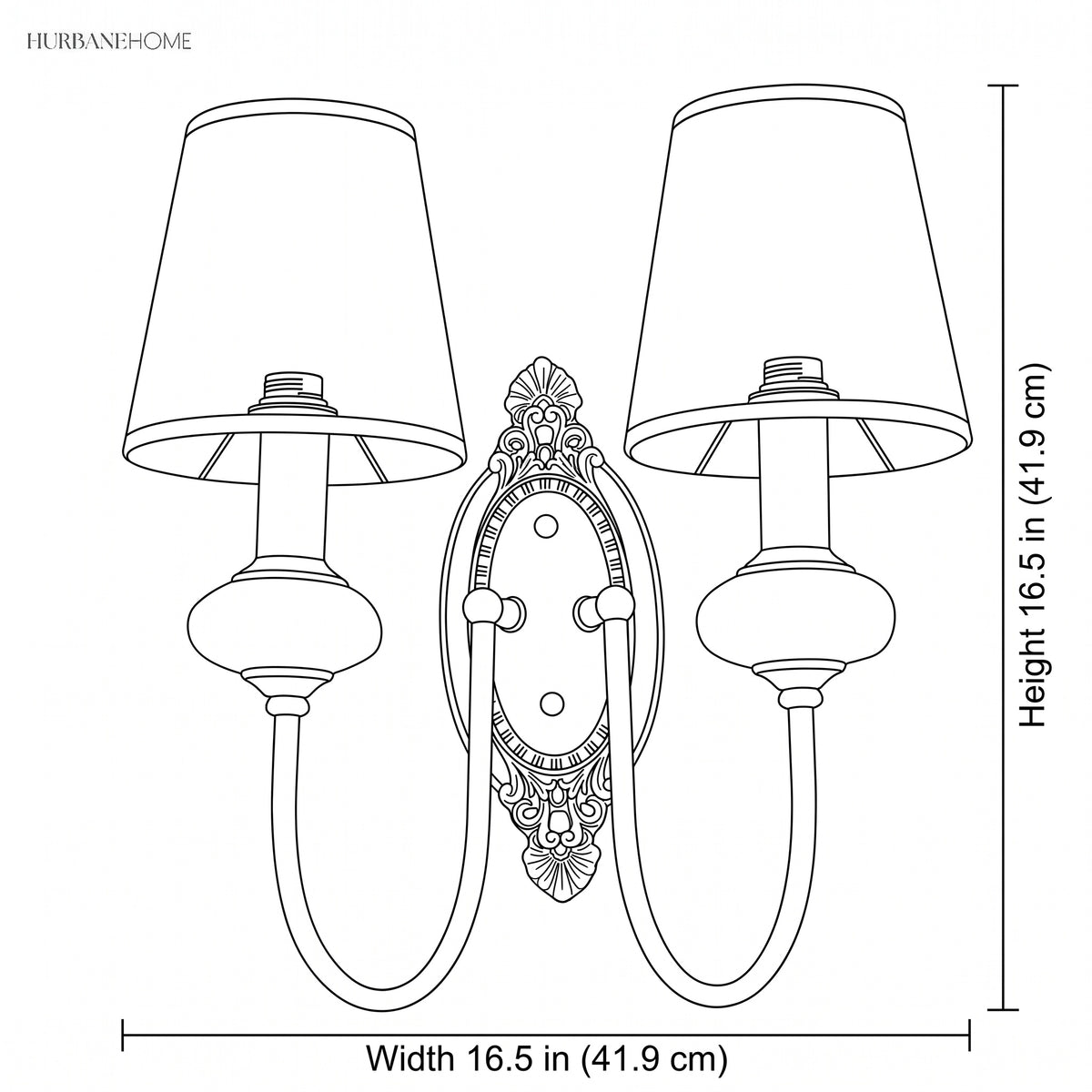 Line drawing of the two light sconce, 16.5 in wide and 16.5 in high