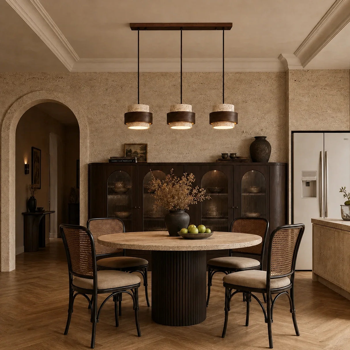 Beige stone pendant light, three-head round plate, over a dining room table
