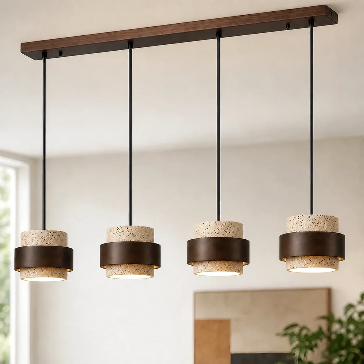 Beige travertine cylinder pendant light with dark wood band, four heads