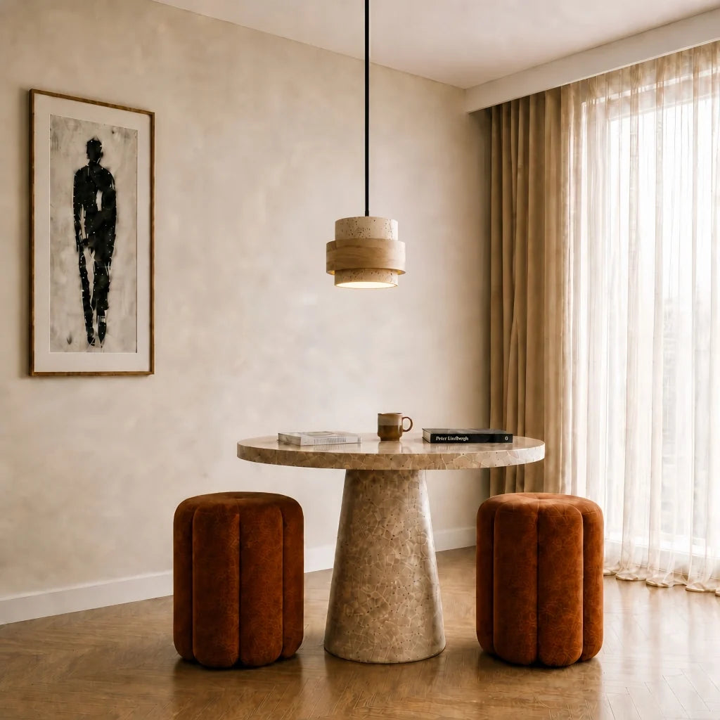 Beige travertine pendant light, single head, over a round dining table