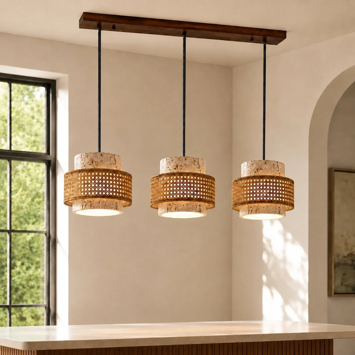 Travertine pendant light with woven rattan band, three heads, kitchen island