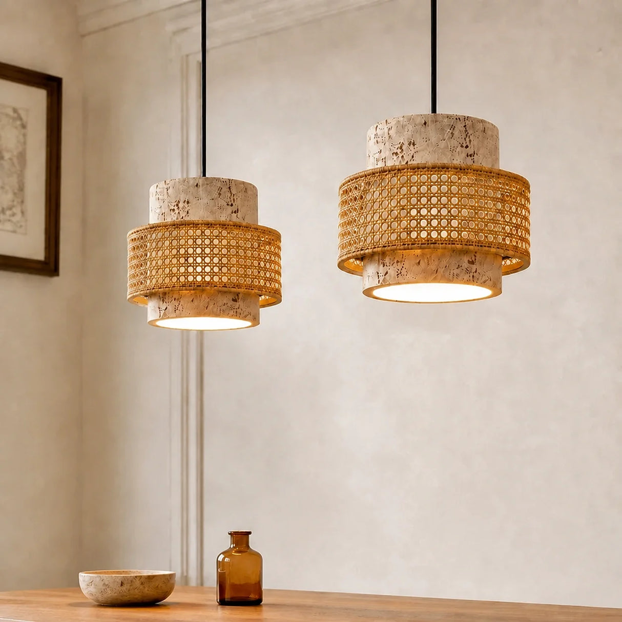 Travertine cylinder shades with woven rattan band, two single heads