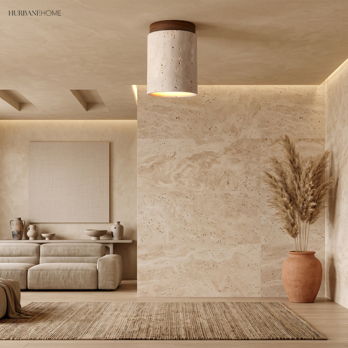 Travertine semi flush light against a stone clad living room wall