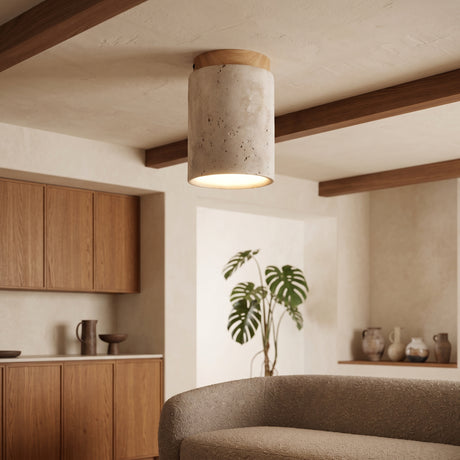 Travertine semi flush ceiling light with wood collar above a kitchen