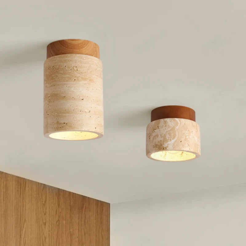 Travertine and wood semi flush ceiling light alternative angle view 1