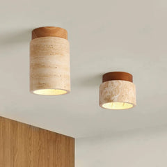 Travertine and wood semi flush ceiling light alternative angle view 1
