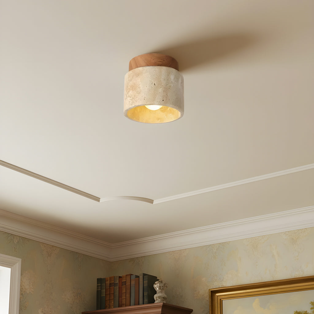 Travertine and wood semi flush ceiling light close detail view 2