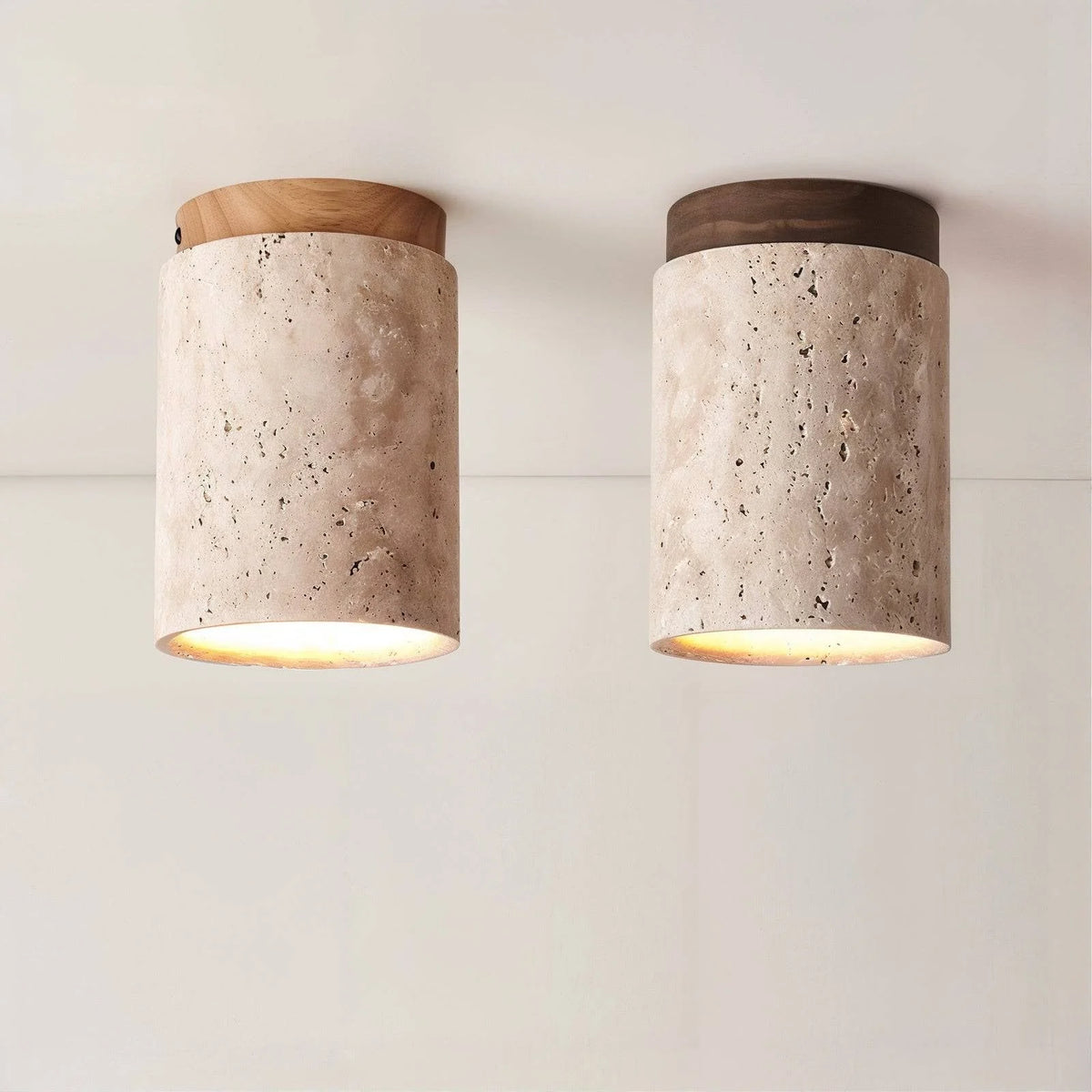 Travertine and wood semi flush ceiling light alternative angle view 7