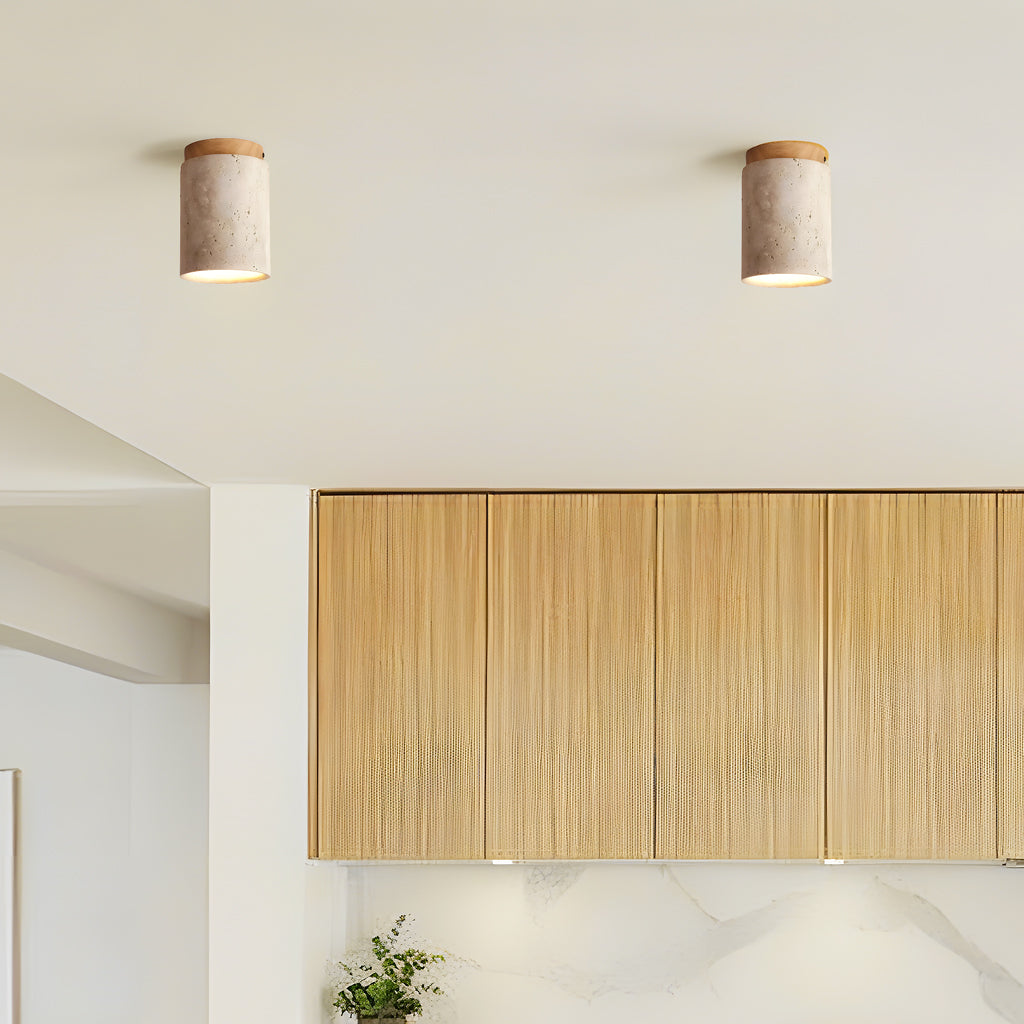 Travertine and wood semi flush ceiling light close detail view 8