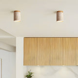 Travertine and wood semi flush ceiling light close detail view 8