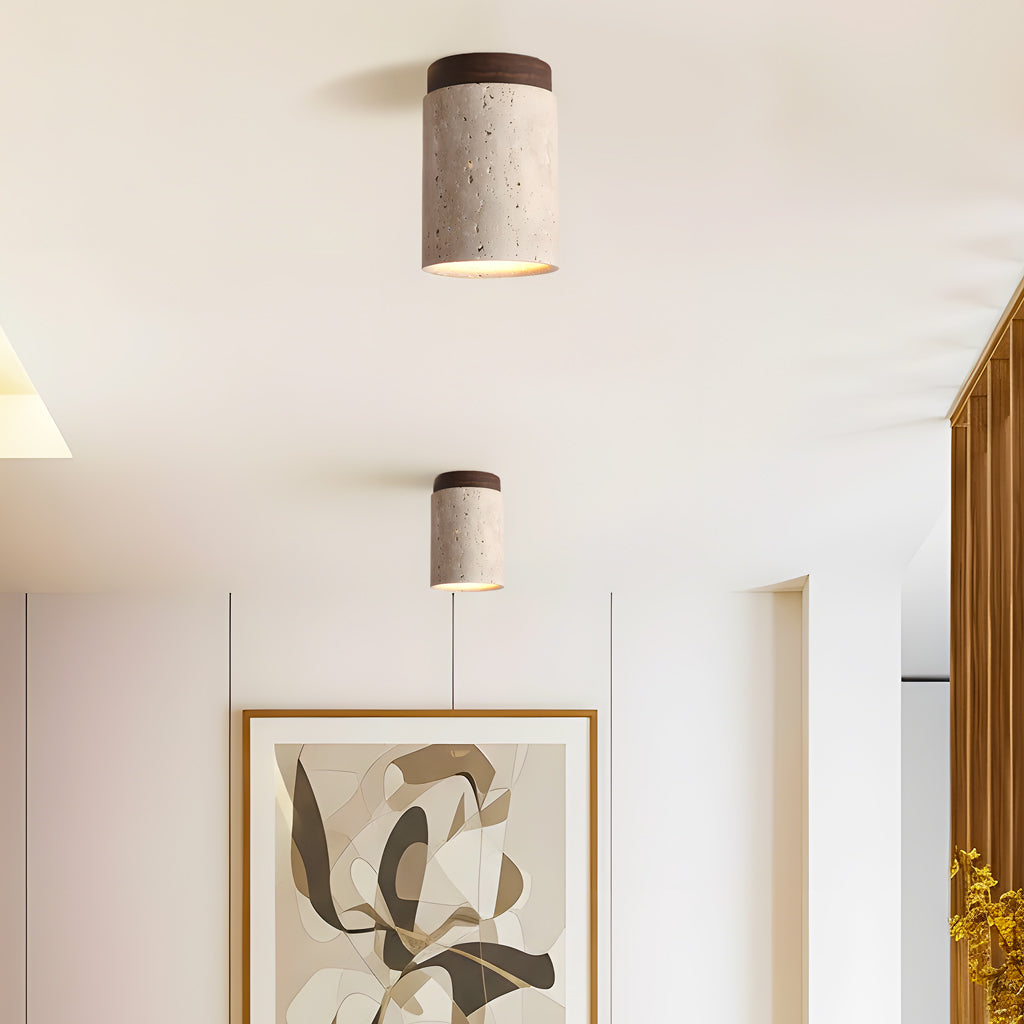 Travertine and wood semi flush ceiling light close detail view 14