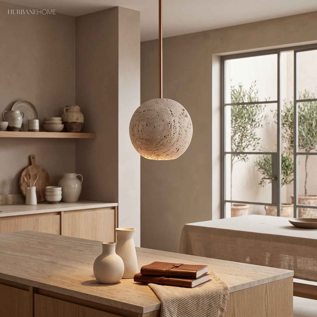 Travertine ball pendant light above a kitchen island and timber counter