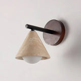 Travertine stone wall sconce with warm frosted globe light