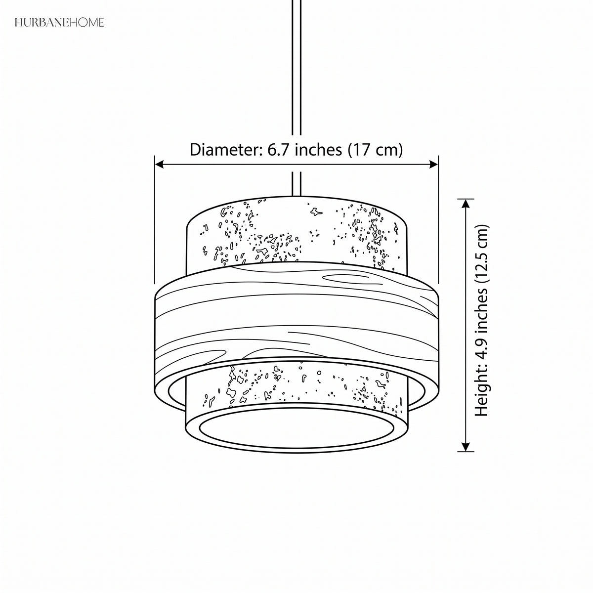 Dimension drawing of the pendant shade, 6.7 inches wide by 4.9 inches tall