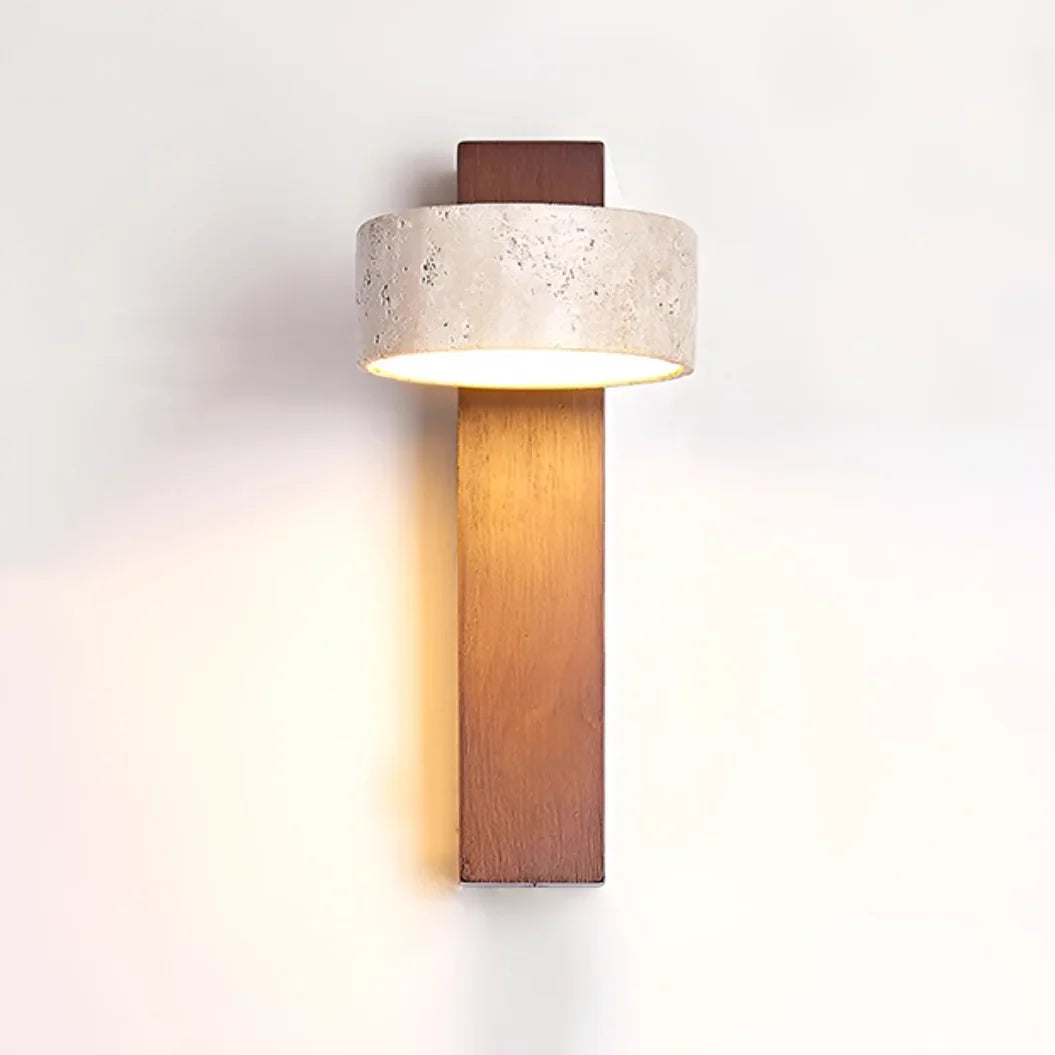 Product detail showing the stone drum shade joined to the rectangular wood arm