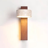 Product detail showing the stone drum shade joined to the rectangular wood arm