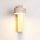 Underside of the lit travertine shade showing its warm diffused glow