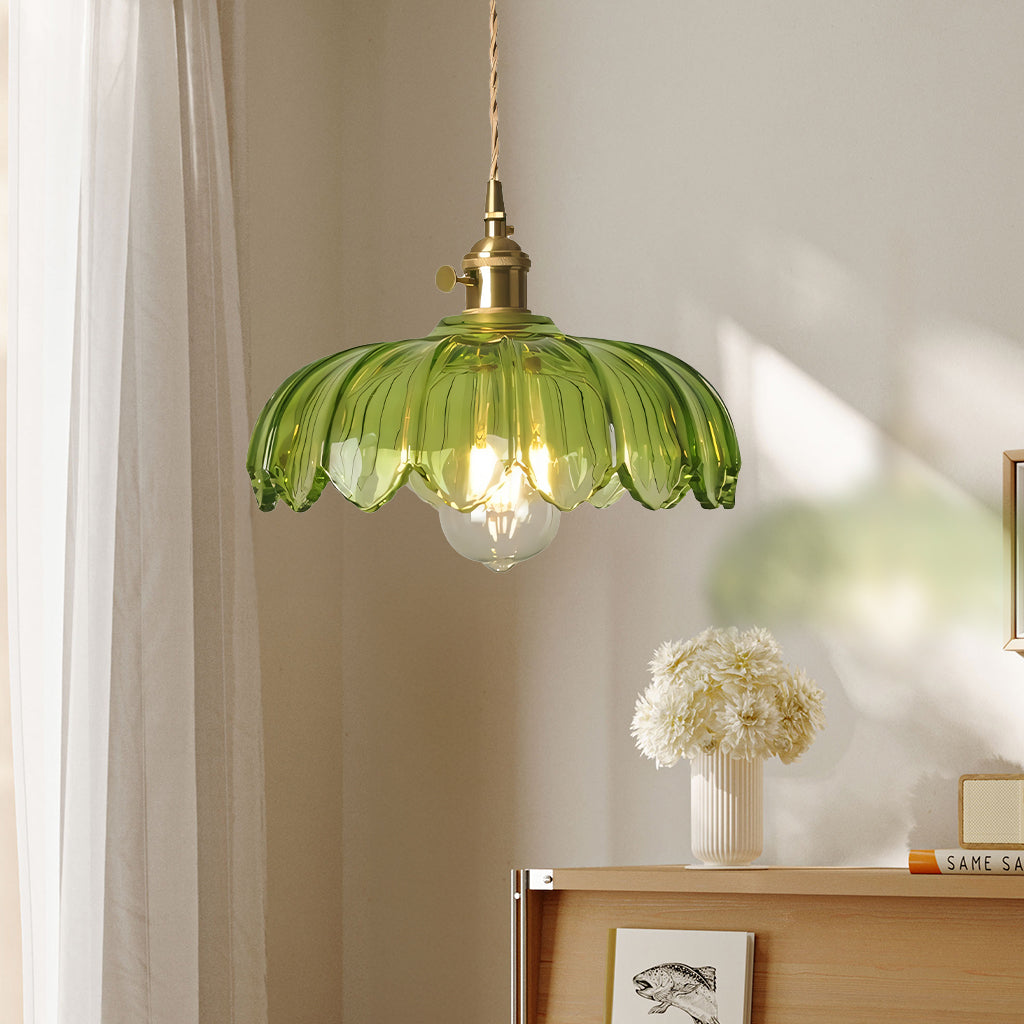 Green tulip glass pendant light close view