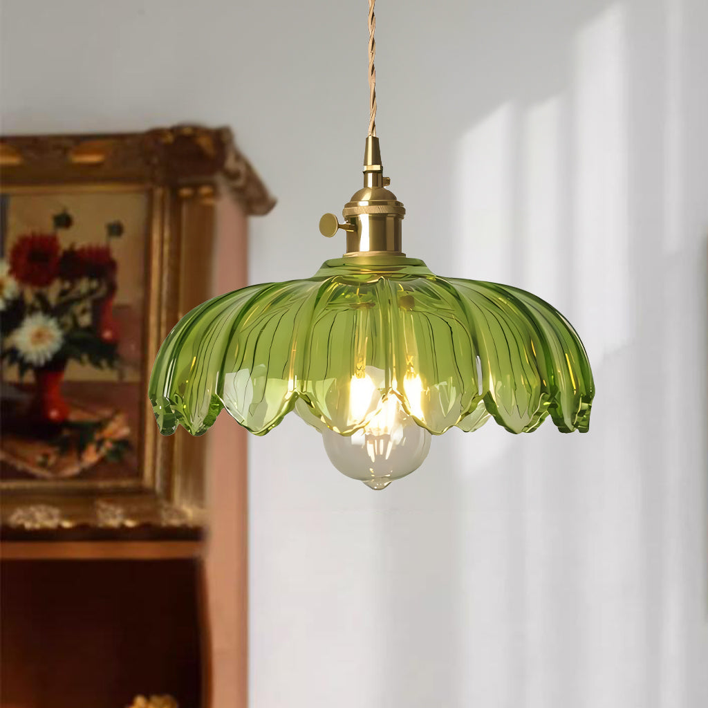 Green tulip glass pendant light shade detail
