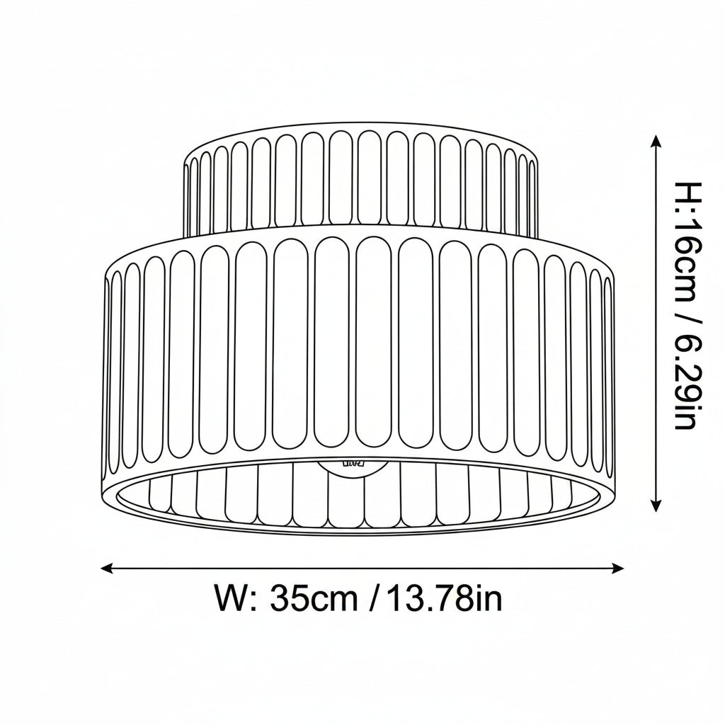 Black and white line drawing showing the dimensions of a two-tiered ribbed cylindrical lamp or light fixture, with width labeled W: 23cm / 9.05in and height labeled H: 16cm / 6.