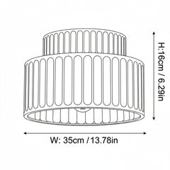 Black and white line drawing showing the dimensions of a two-tiered ribbed cylindrical lamp or light fixture, with width labeled W: 23cm / 9.05in and height labeled H: 16cm / 6.