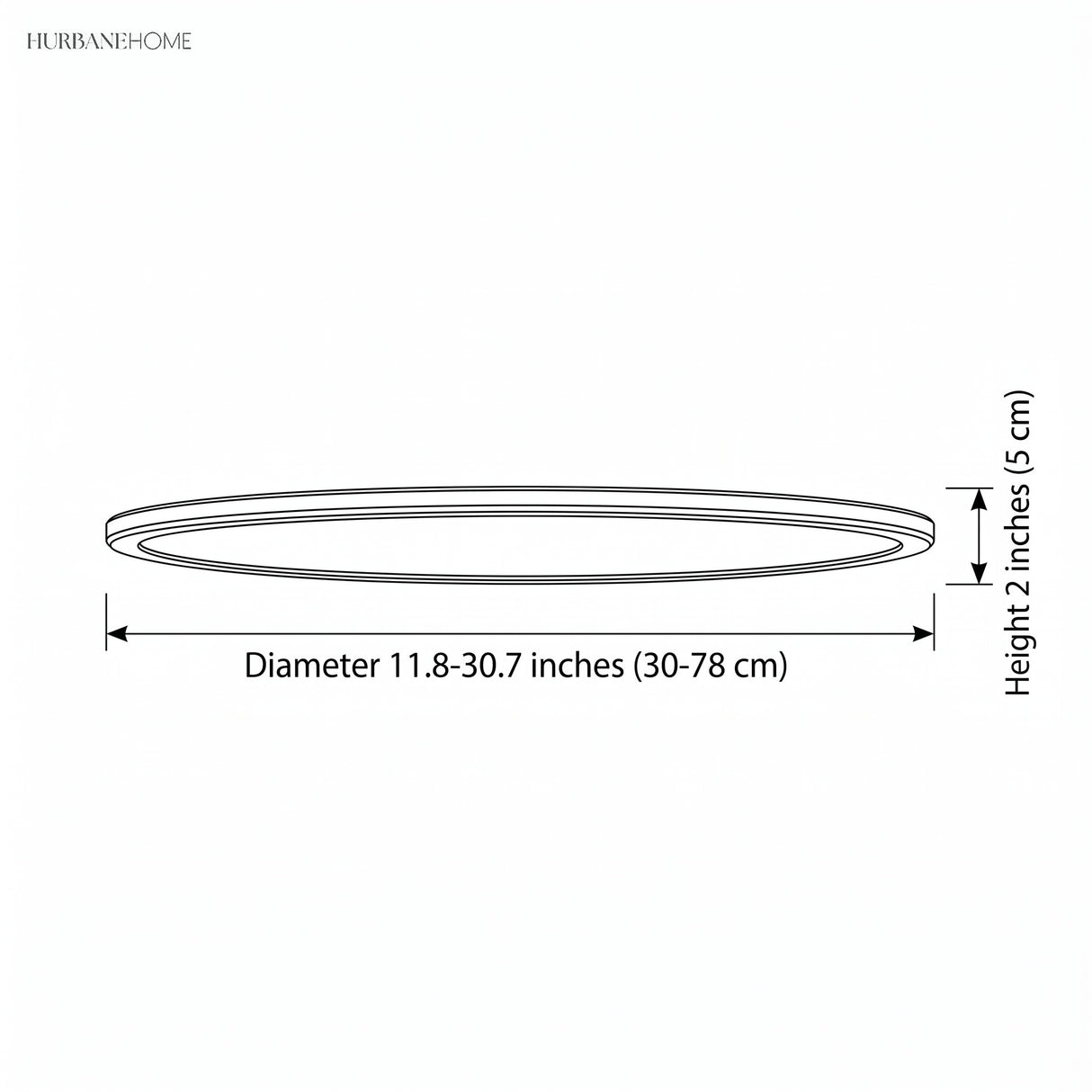 Dimension diagram: ultra thin round ceiling light, diameter 11.8 to 30.7 inches, height 2 inches