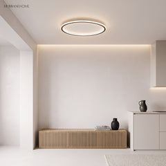 Ultra thin ceiling light in a minimal room with a fluted sideboard