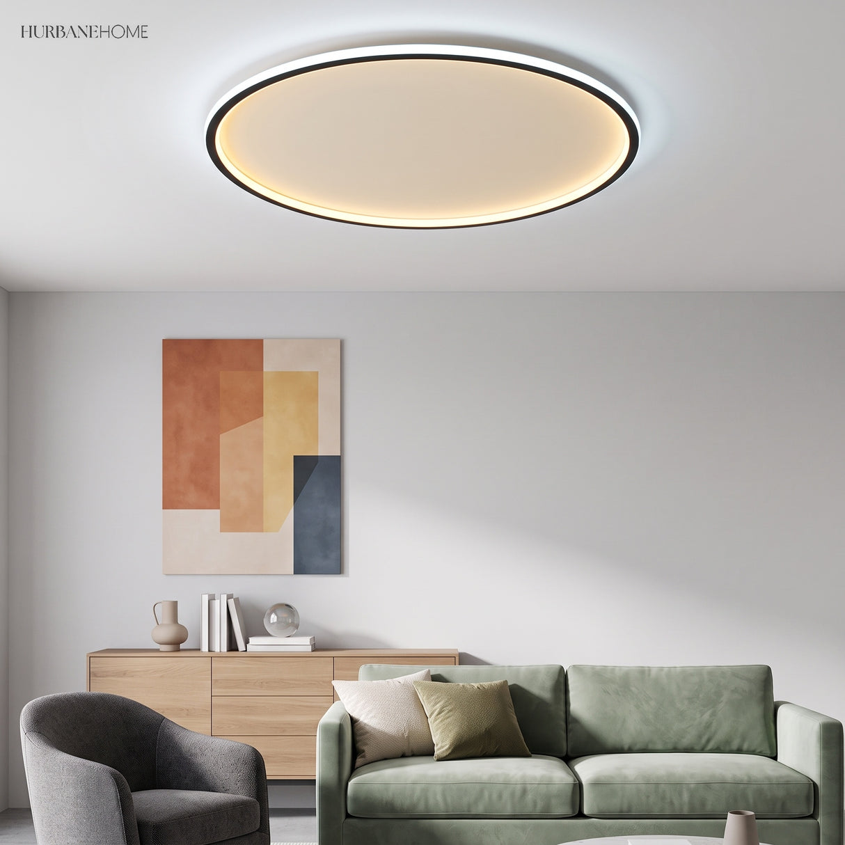 Ultra thin ceiling light in a living room with a green sofa