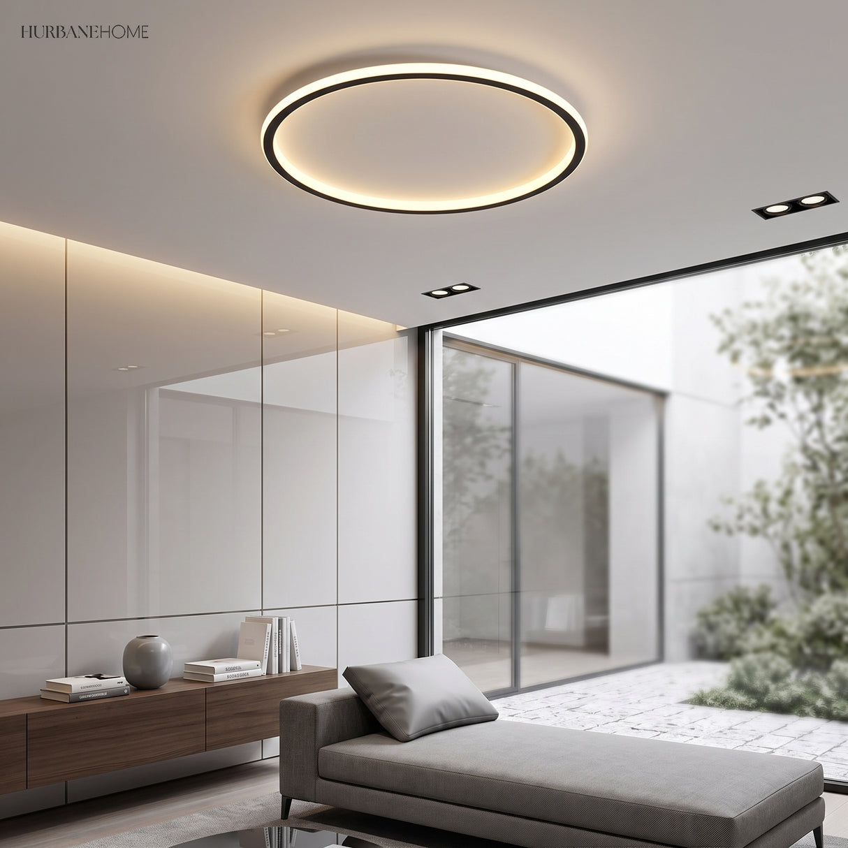 Ultra thin ceiling light in a glazed lounge with courtyard view