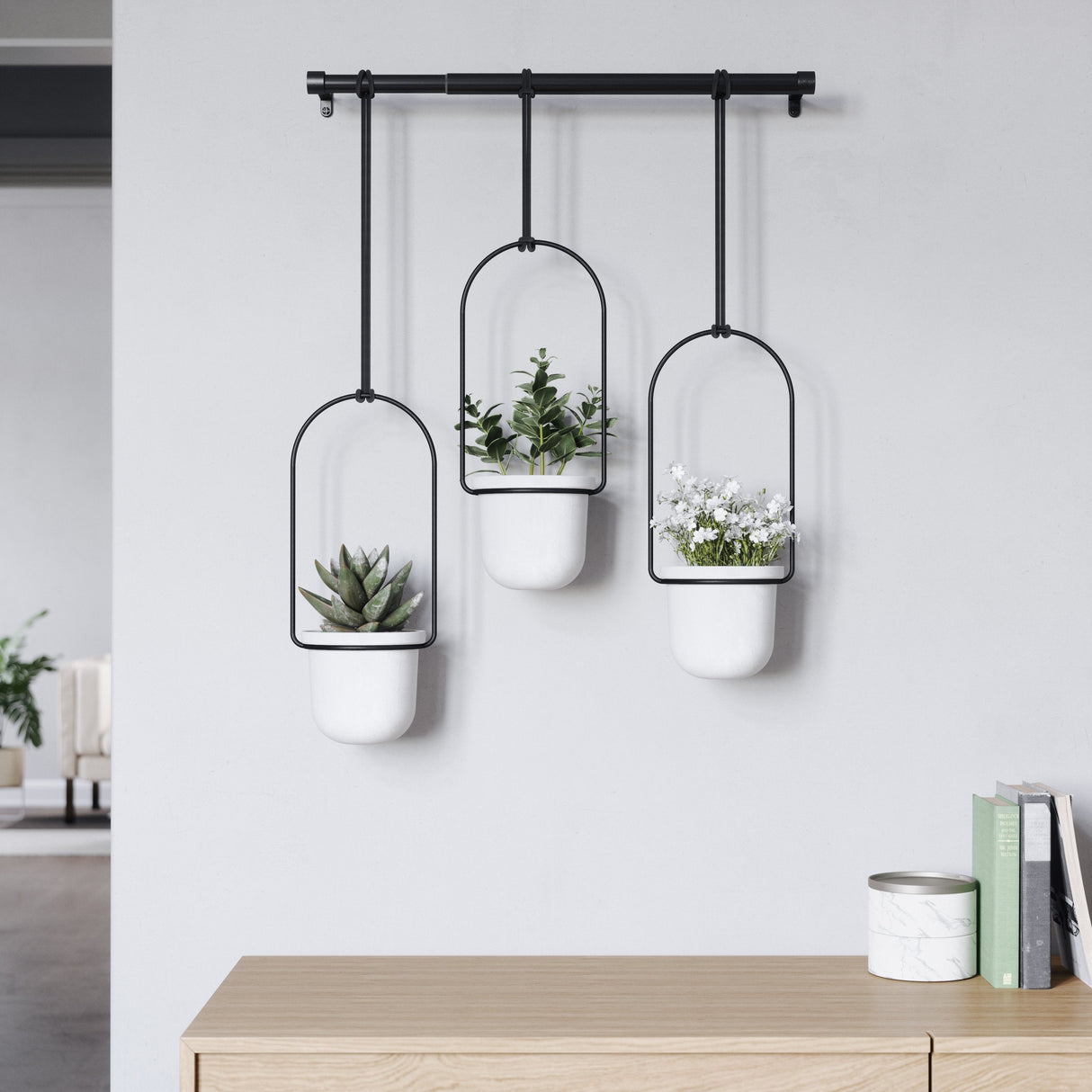 Triflora Adjustable Hanging Planters with Extendable Rod and 3 Pots