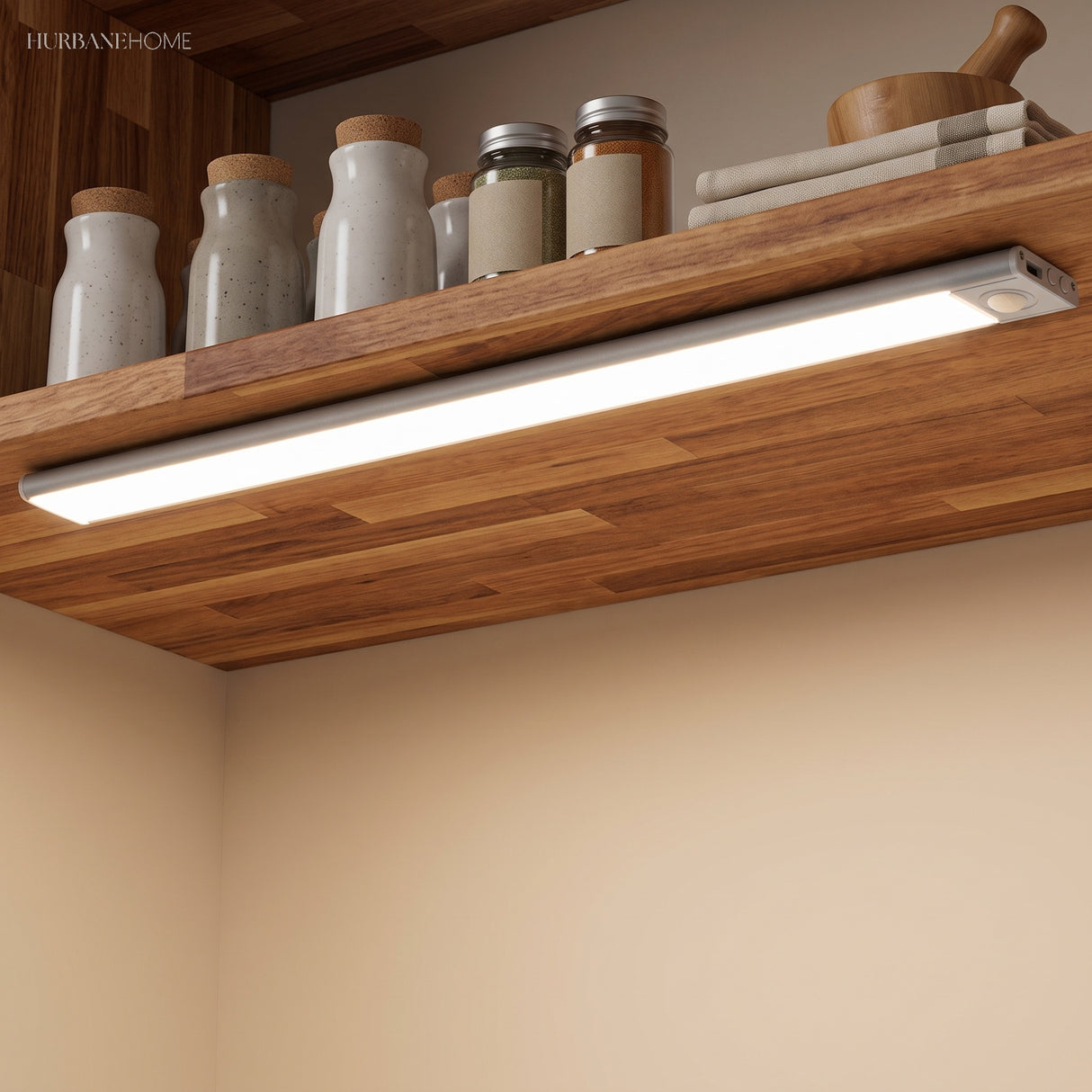 Light bar under a wood shelf lighting spice jars and a worktop