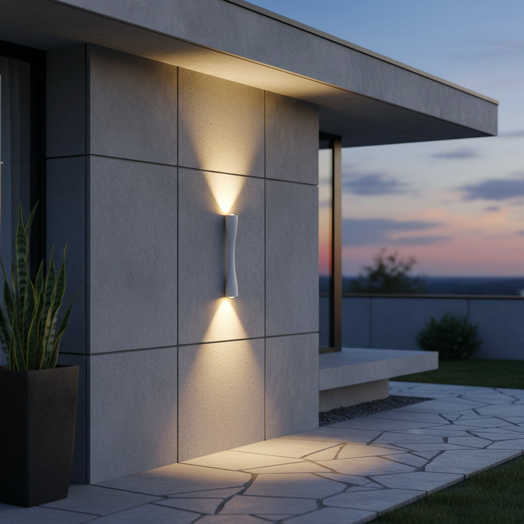 White 24 cm wall light with height and width measurements marked