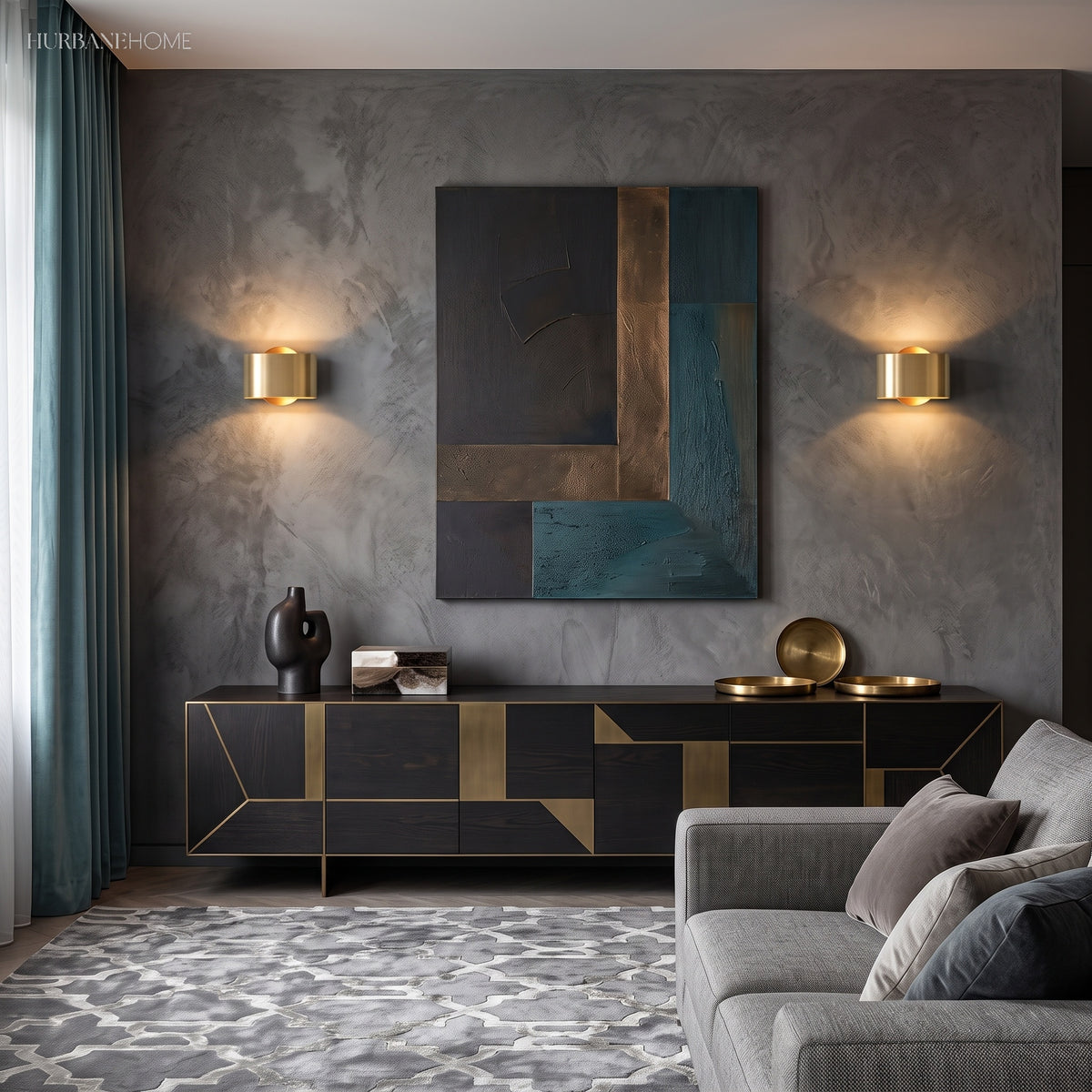 Pair of gold sconces washing a grey wall above a sideboard