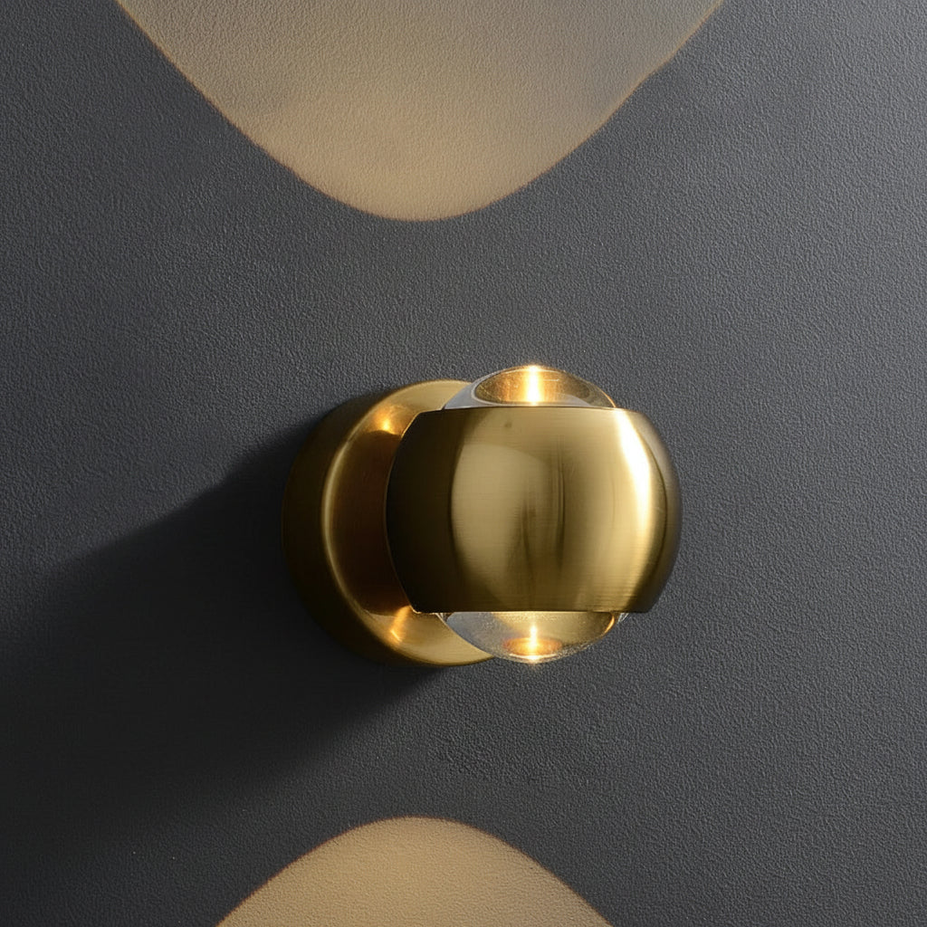 Gold orb sconce with 12.5 cm height and 10 cm width measurements marked