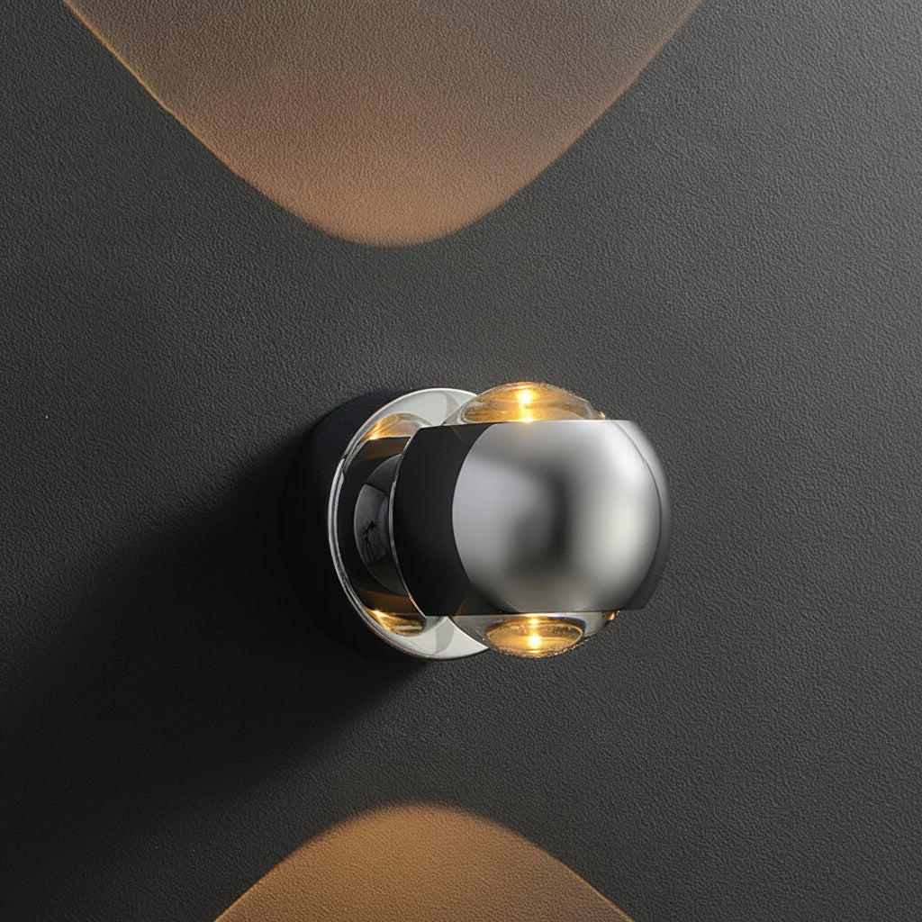 Chrome orb sconce with height and width measurements marked
