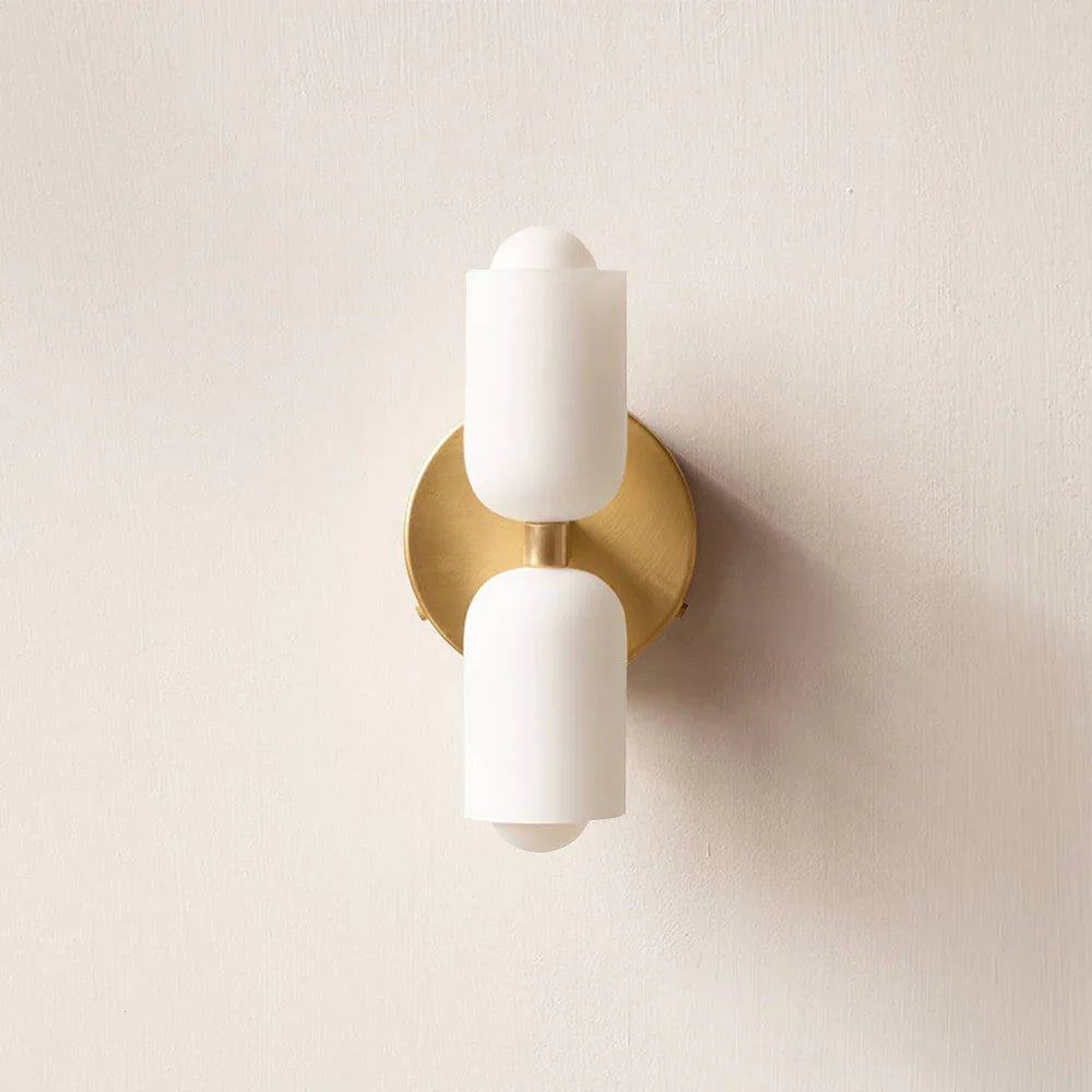 Gold backplate up and down wall light with two opal white acrylic shades