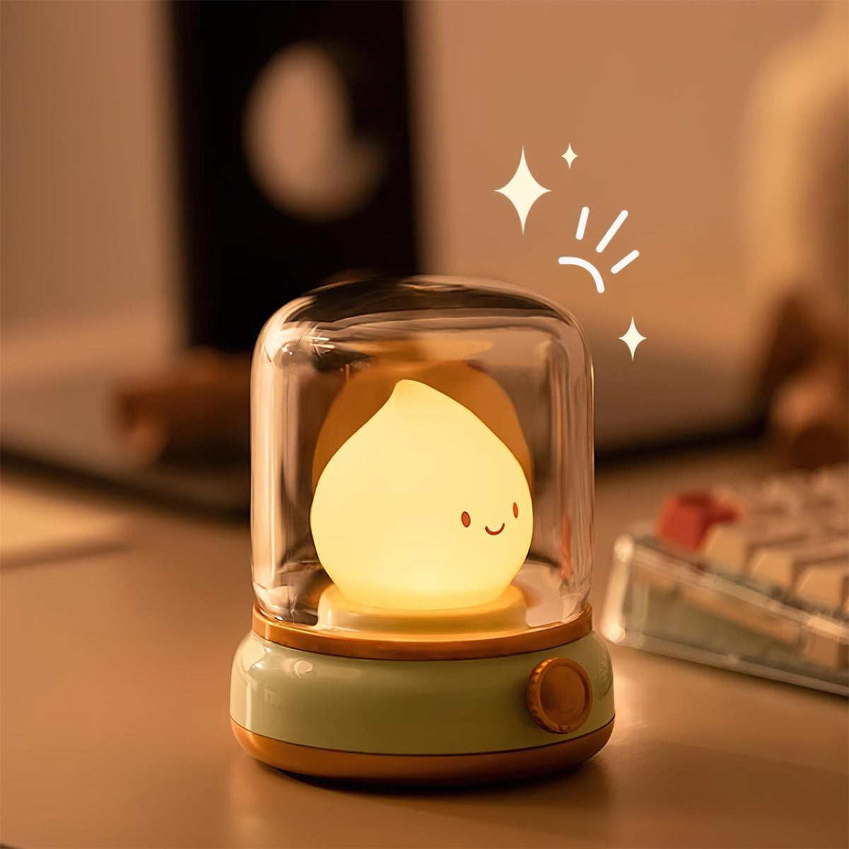 Warm night light on a dark desk in front of a mechanical keyboard