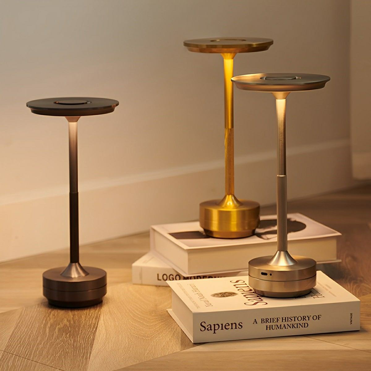 Rechargeable dish table lamp detail view 4 showing finish and construction