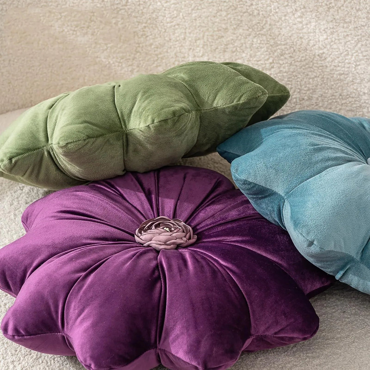Velvet Round Pillow - Soft Plush Pleated Floral Accent Cushion - flower shaped throw pillows - Hurbane Home