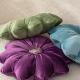 Velvet Round Pillow - Soft Plush Pleated Floral Accent Cushion - flower shaped throw pillows - Hurbane Home