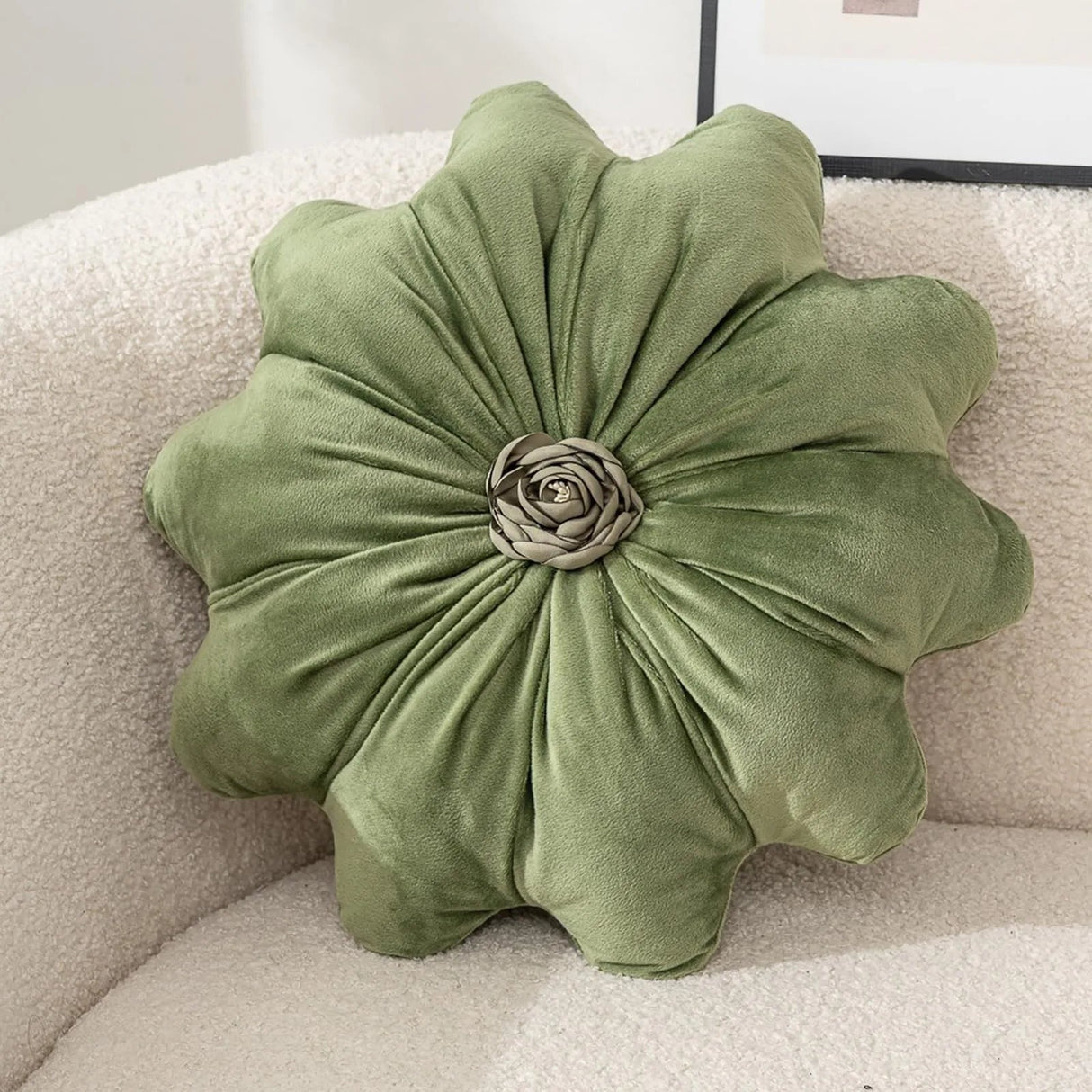 Velvet Round Pillow - Soft Plush Pleated Floral Accent Cushion - flower shaped throw pillows - Hurbane Home