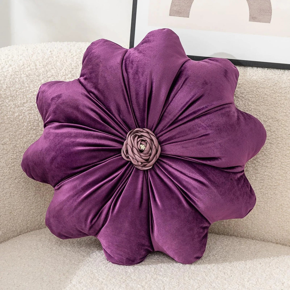Velvet Round Pillow - Soft Plush Pleated Floral Accent Cushion - flower shaped throw pillows - Hurbane Home